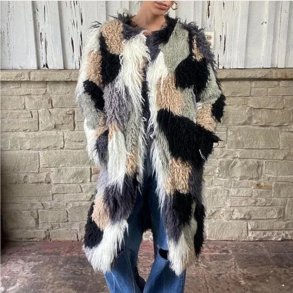 Multicolor patchwork shaggy faux fur coat shearling duster jacket - Picture 6 of 6